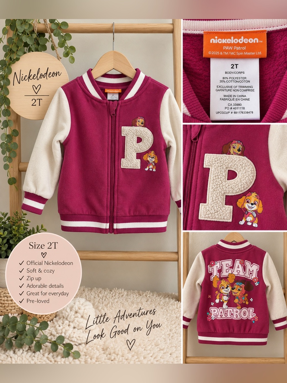 PAW Patrol Girls 2T Pink Varsity Jacket Skye & Liberty Zip-Up